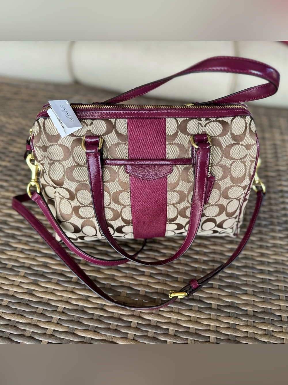 Coach Signature Monogram Bag - Nancy Satchel with Merlot Accents - NWT